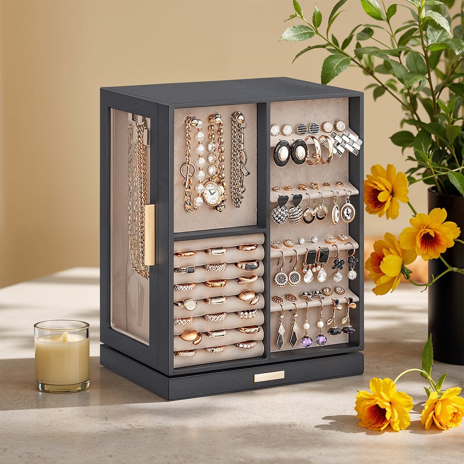 Jewellery Organizer – Glass – Vertical – 360° Rotating with 5 Drawers and Open Design