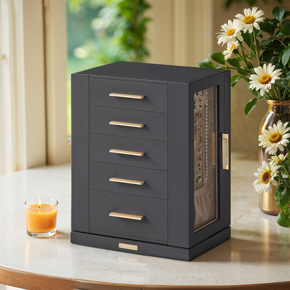 Jewellery Organizer – Glass – Vertical – 360° Rotating with 5 Drawers and Open Design