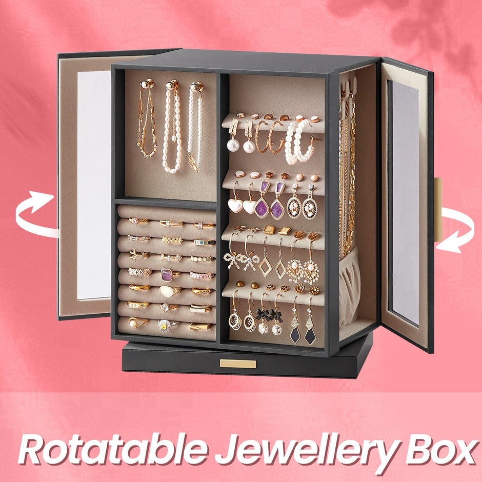 Jewellery Organizer – Glass – Vertical – 360° Rotating with 5 Drawers and Open Design