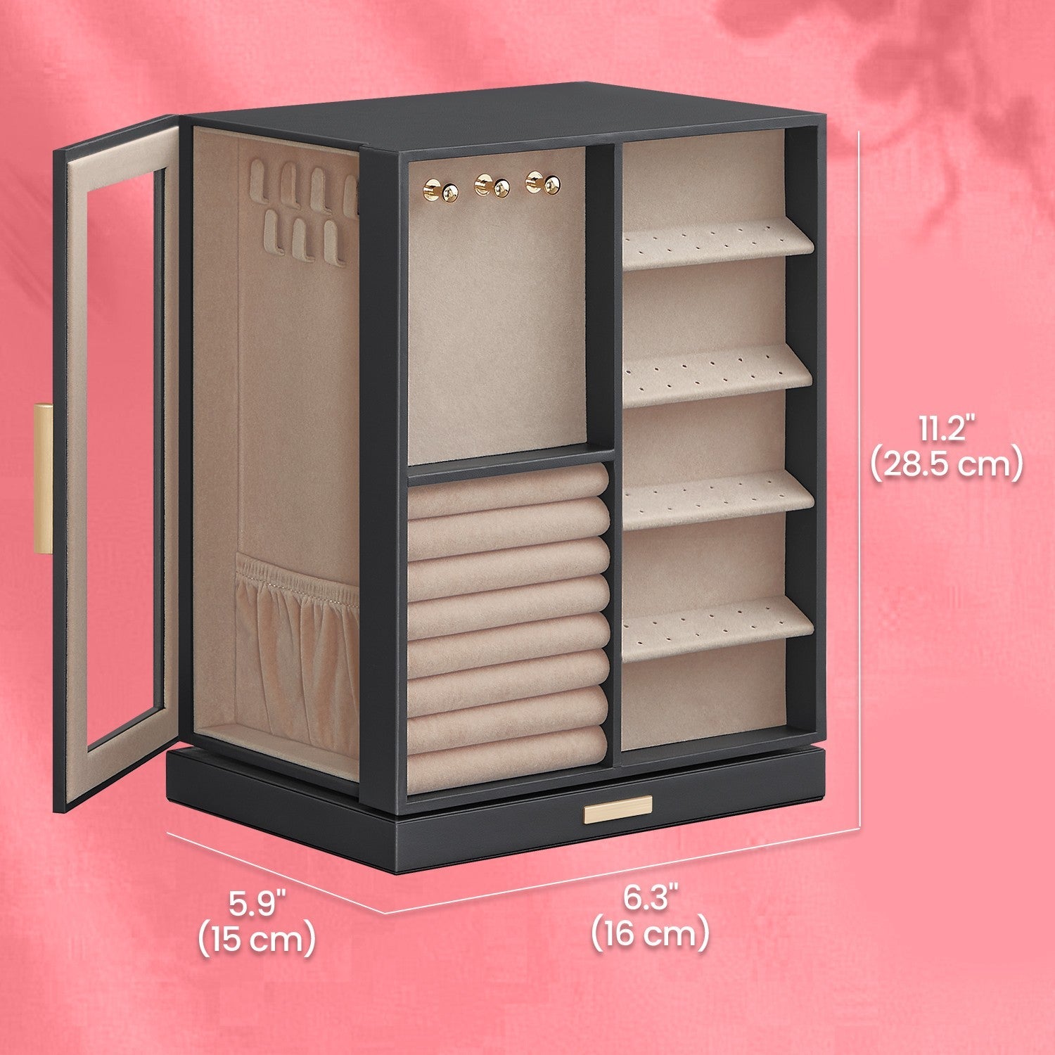 Jewellery Organizer – Glass – Vertical – 360° Rotating with 5 Drawers and Open Design