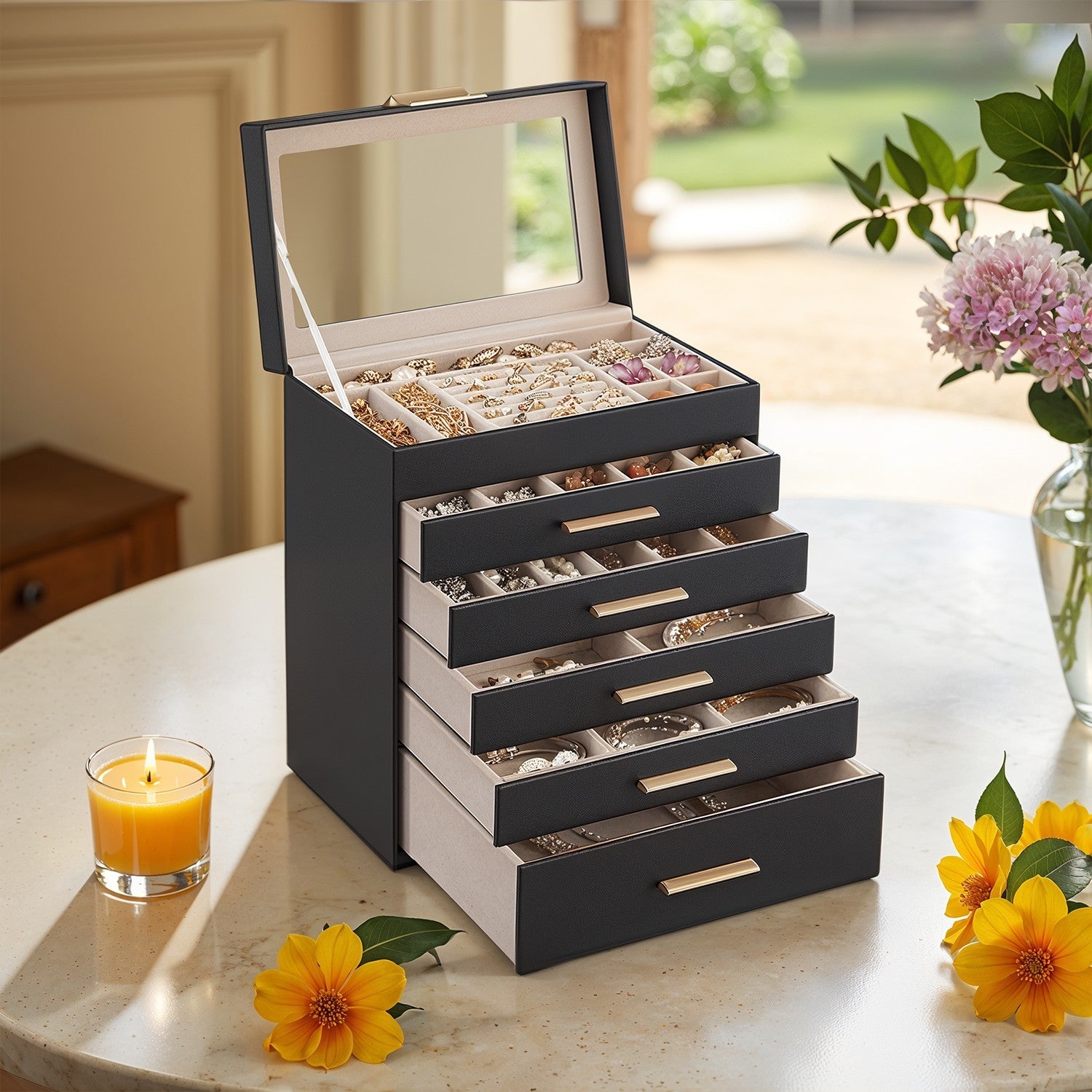Jewellery Box – Glass – Cloud White and Gold – 6-Layer Organizer with 5 Drawers