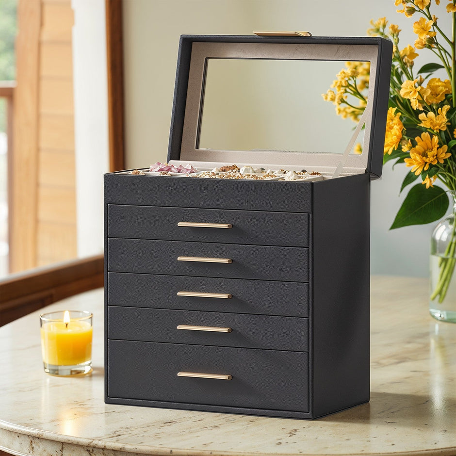 Jewellery Box – Glass – Cloud White and Gold – 6-Layer Organizer with 5 Drawers