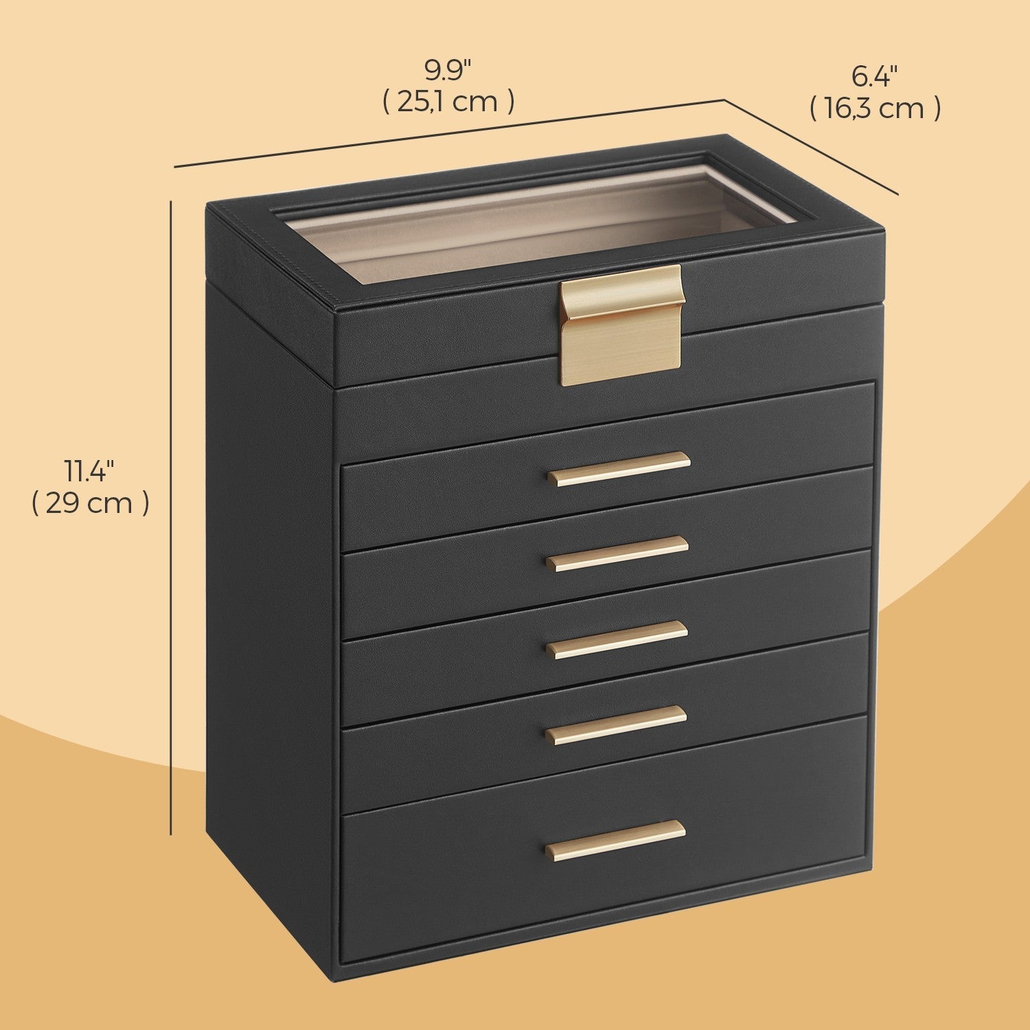 Jewellery Box – Glass – Cloud White and Gold – 6-Layer Organizer with 5 Drawers