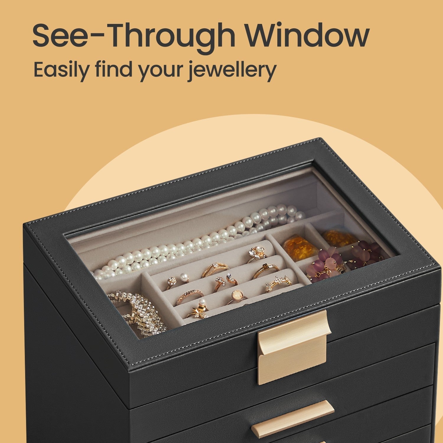 Jewellery Box – Glass – Cloud White and Gold – 6-Layer Organizer with 5 Drawers