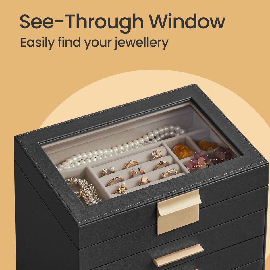 Jewellery Box – Glass – Cloud White and Gold – 6-Layer Organizer with 5 Drawers