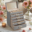 Jewellery Box – Glass – Cloud White and Gold – 6-Layer Organizer with 5 Drawers