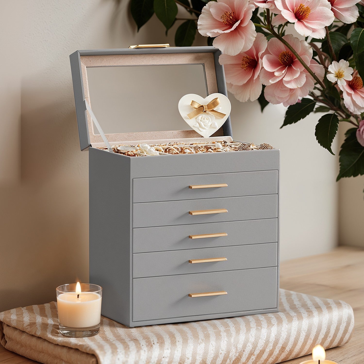 Jewellery Box – Glass – Cloud White and Gold – 6-Layer Organizer with 5 Drawers