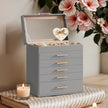 Jewellery Box – Glass – Cloud White and Gold – 6-Layer Organizer with 5 Drawers