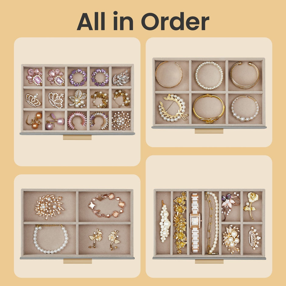 Jewellery Box – Glass – Cloud White and Gold – 6-Layer Organizer with 5 Drawers