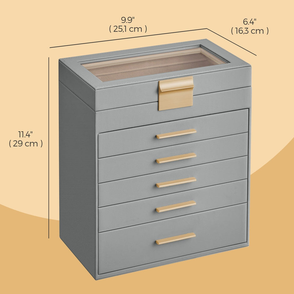 Jewellery Box – Glass – Cloud White and Gold – 6-Layer Organizer with 5 Drawers