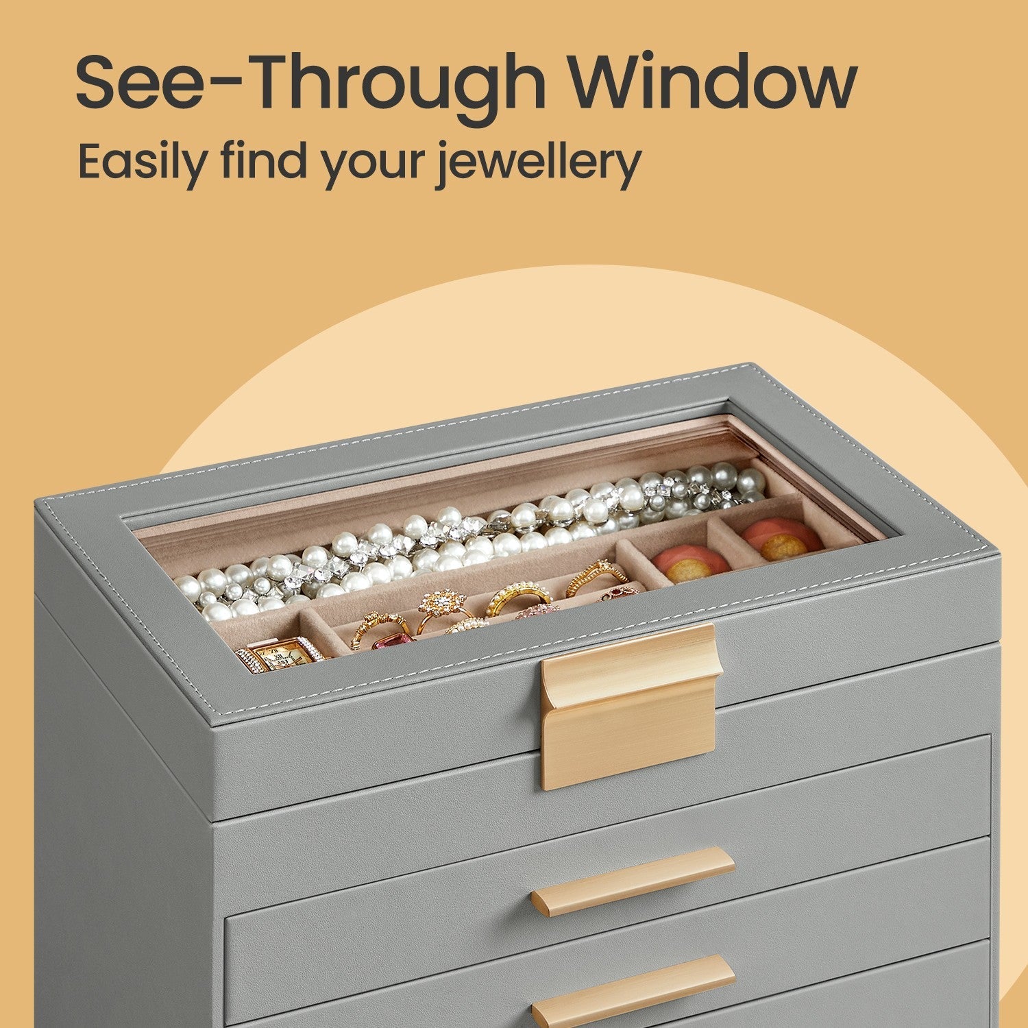 Jewellery Box – Glass – Cloud White and Gold – 6-Layer Organizer with 5 Drawers