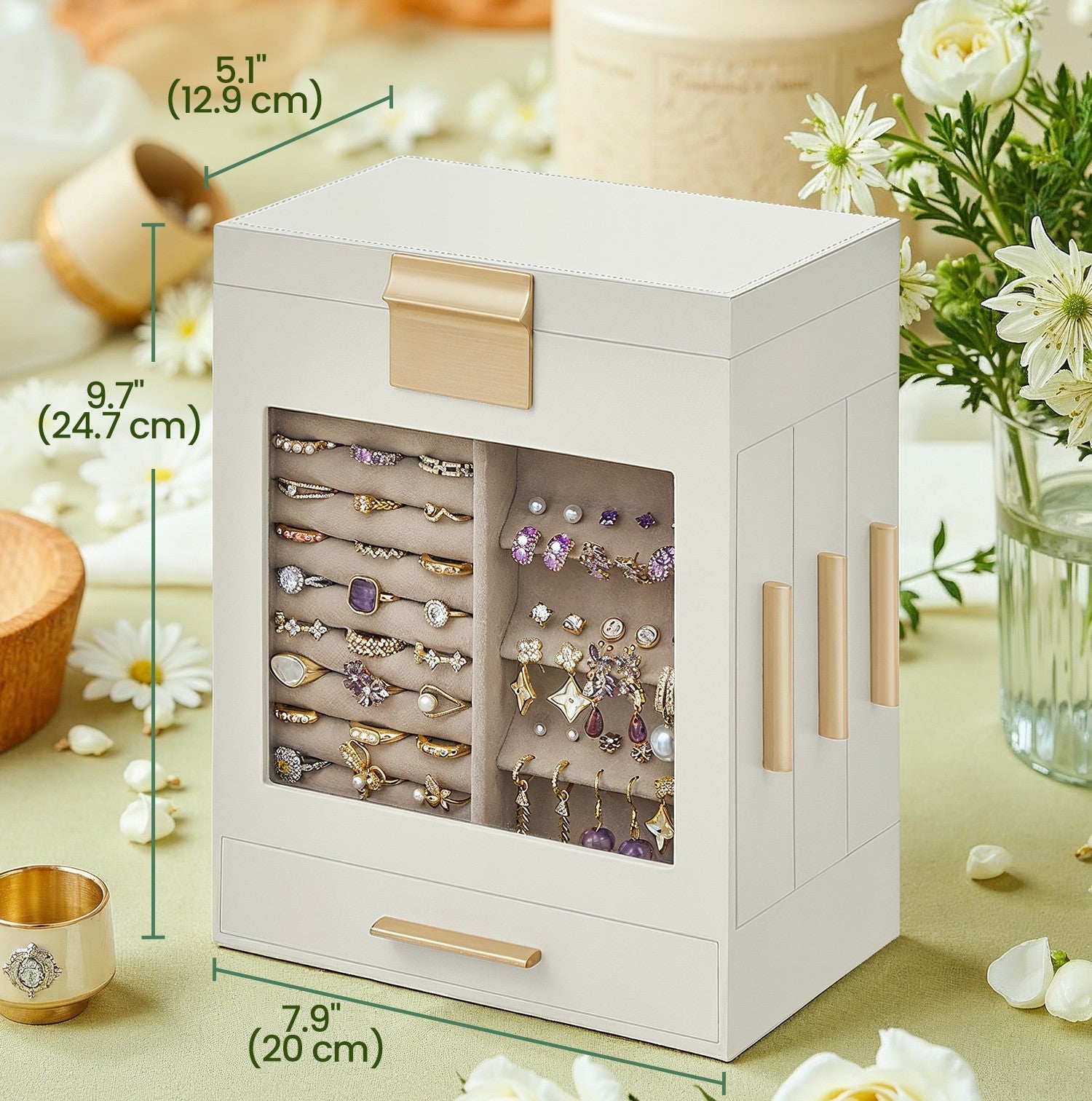 Jewellery Box – Glass – Cloud White – 5-Layer Organiser with 3 Side Drawers and Big Mirror
