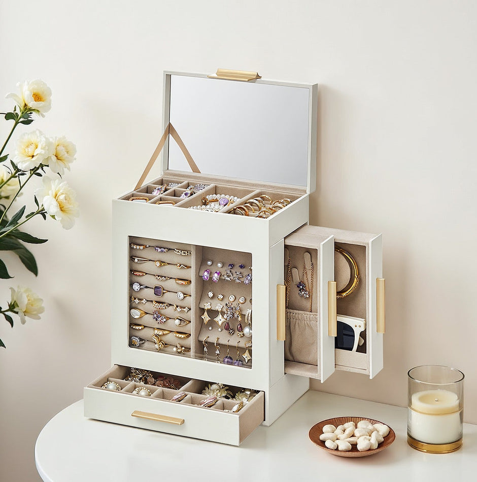 Jewellery Box – Glass – Cloud White – 5-Layer Organiser with 3 Side Drawers and Big Mirror