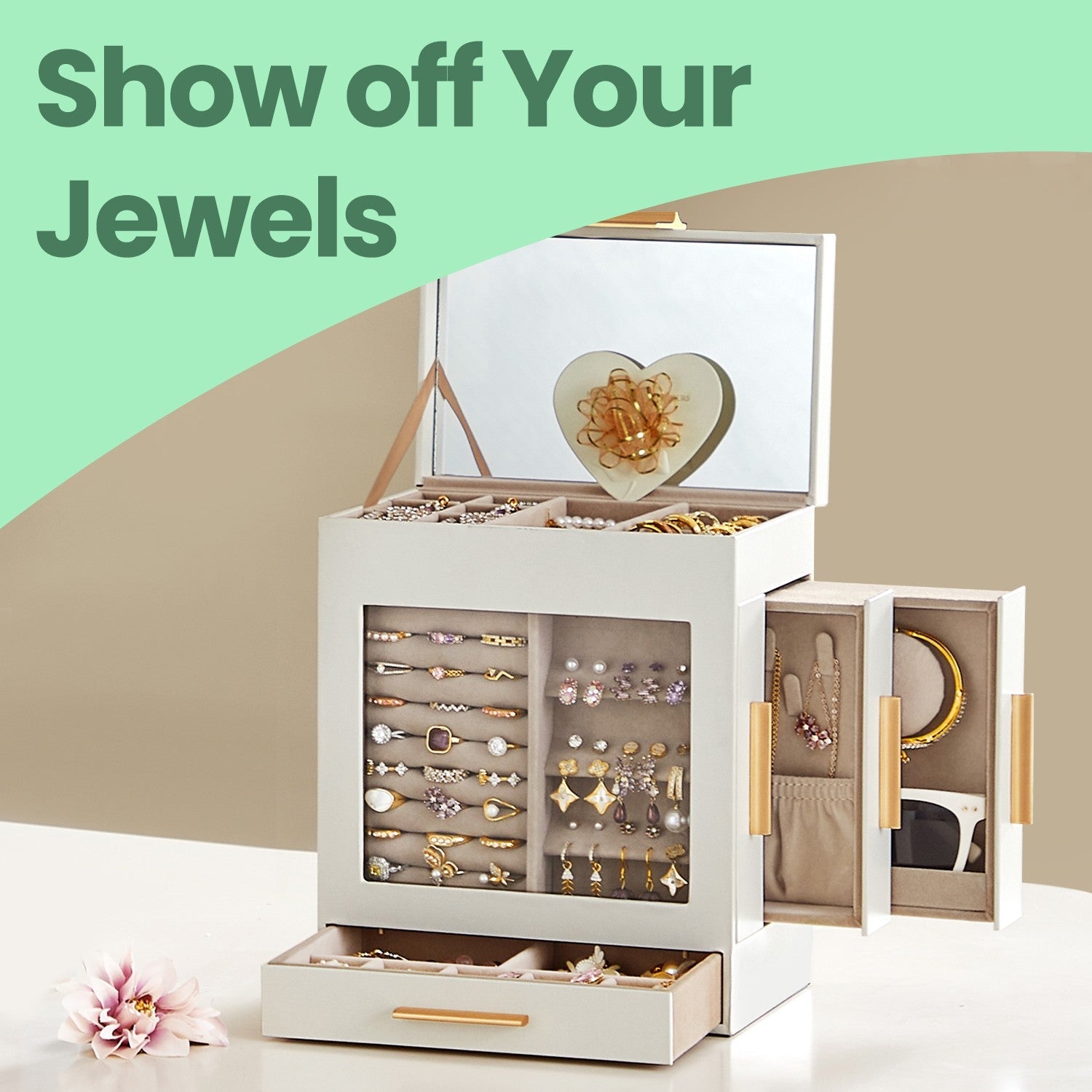 Jewellery Box – Glass – Cloud White – 5-Layer Organiser with 3 Side Drawers and Big Mirror