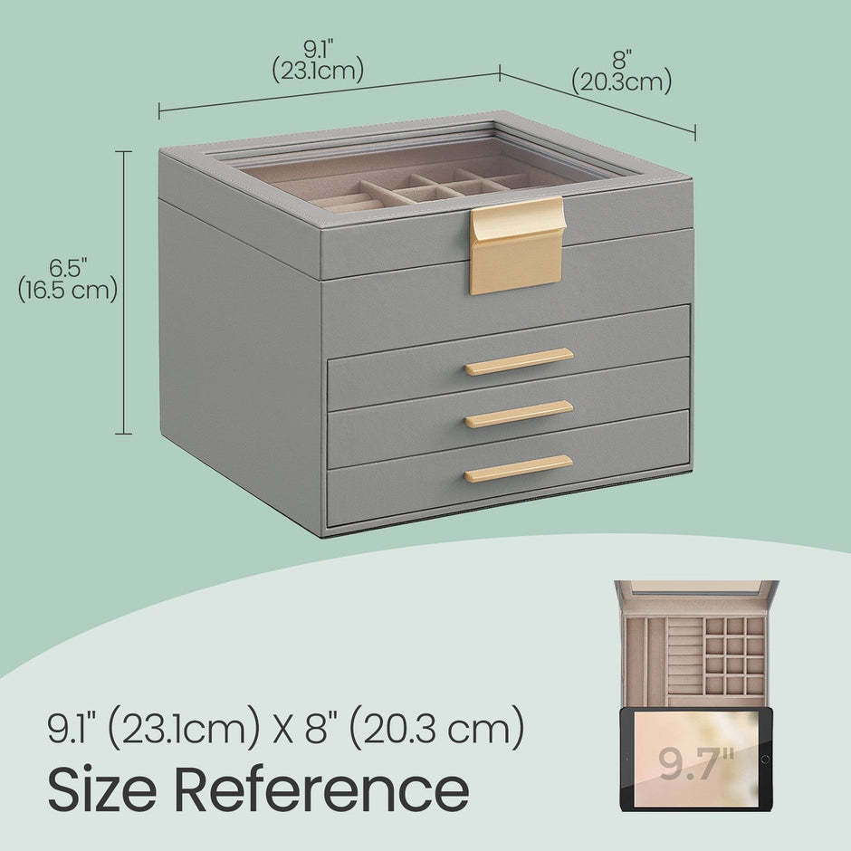 Jewellery Box – Glass – Cloud White and Gold – 3-Layer Organizer with 2 Drawers