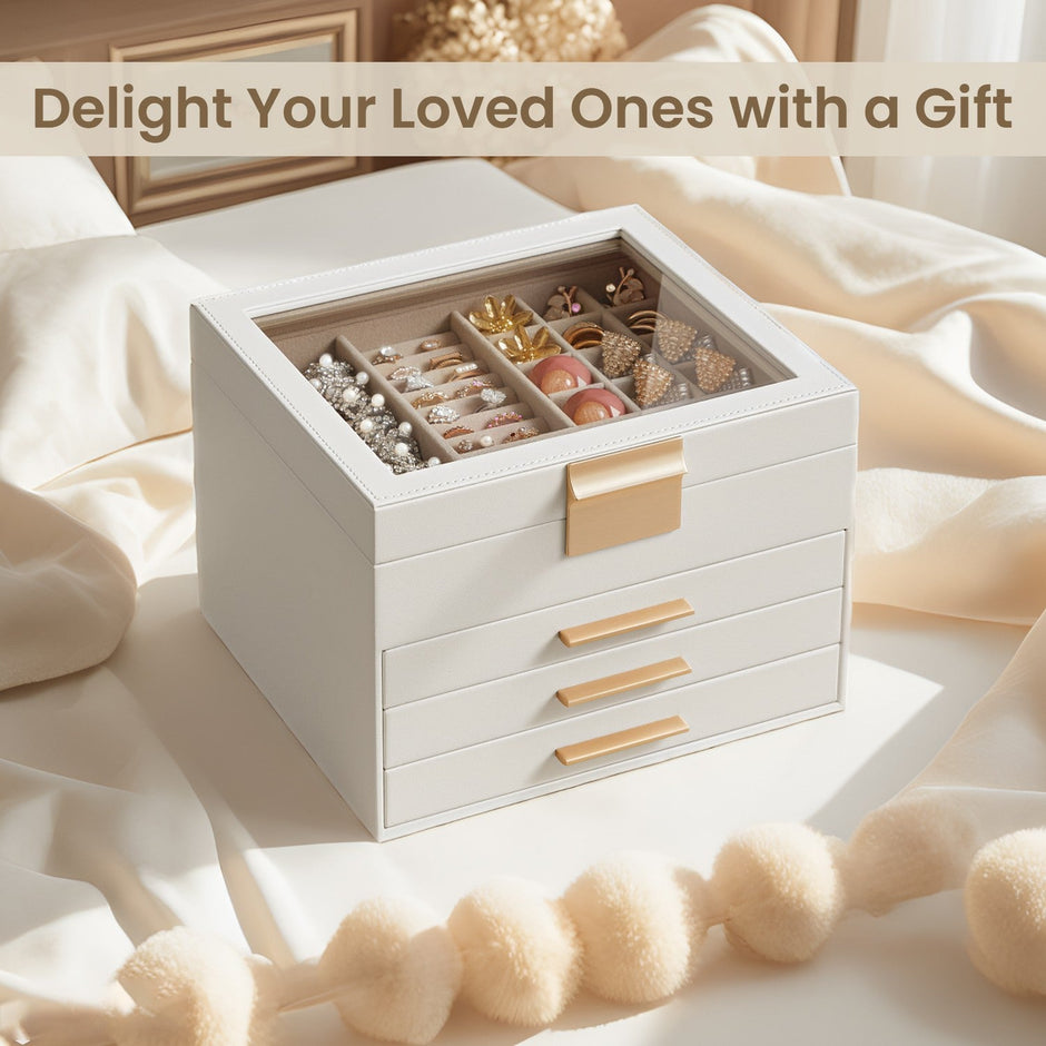 Jewellery Box – Glass – Cloud White and Gold – 4-Layer Organiser with 3 Drawers