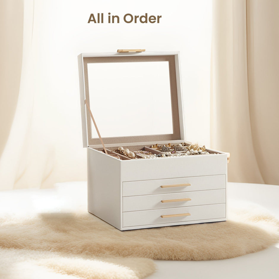 Jewellery Box – Glass – Cloud White and Gold – 4-Layer Organiser with 3 Drawers
