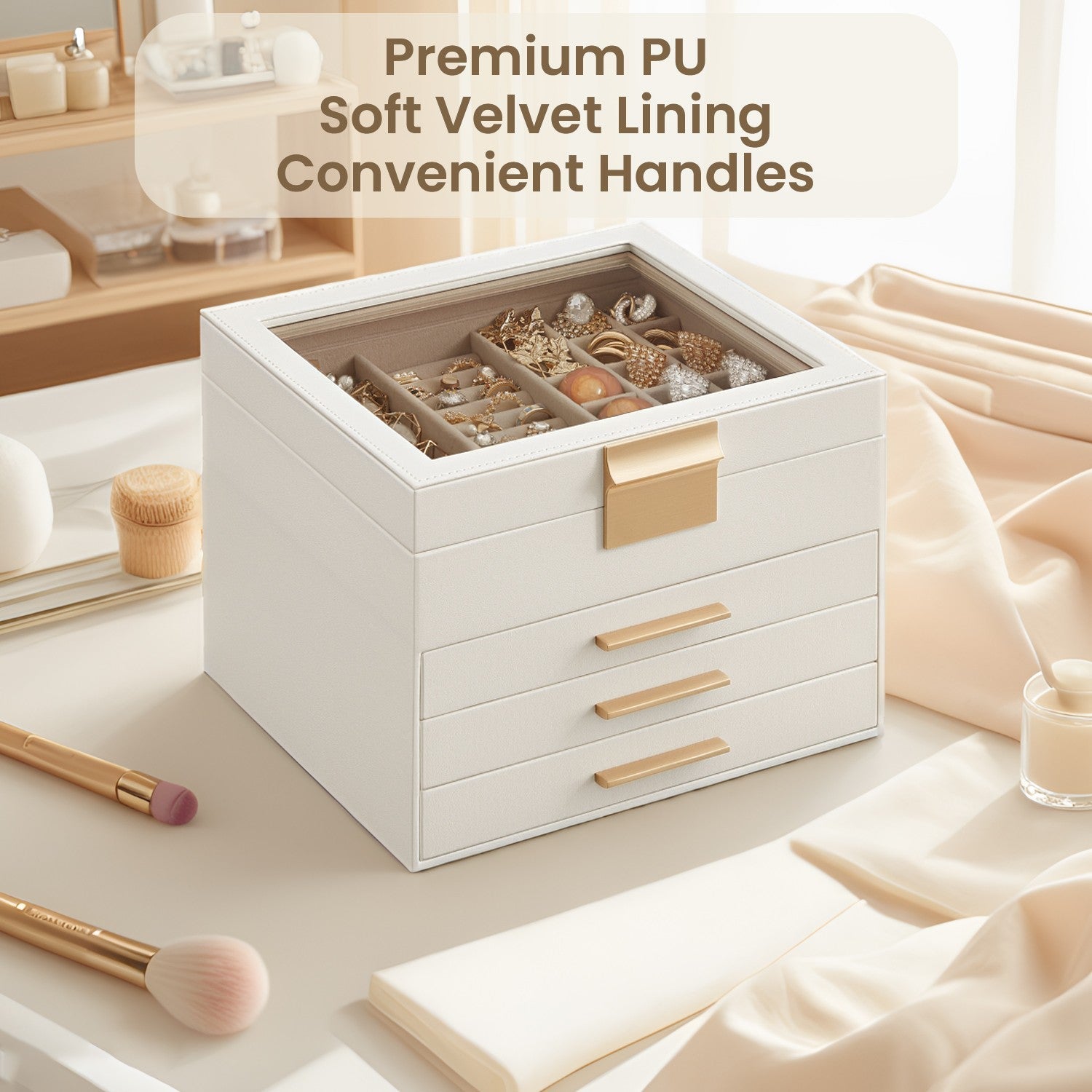 Jewellery Box – Glass – Cloud White and Gold – 4-Layer Organiser with 3 Drawers