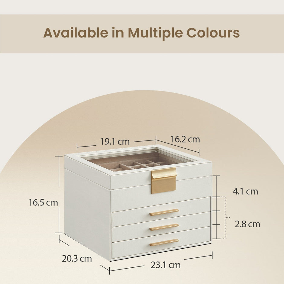 Jewellery Box – Glass – Cloud White and Gold – 4-Layer Organiser with 3 Drawers