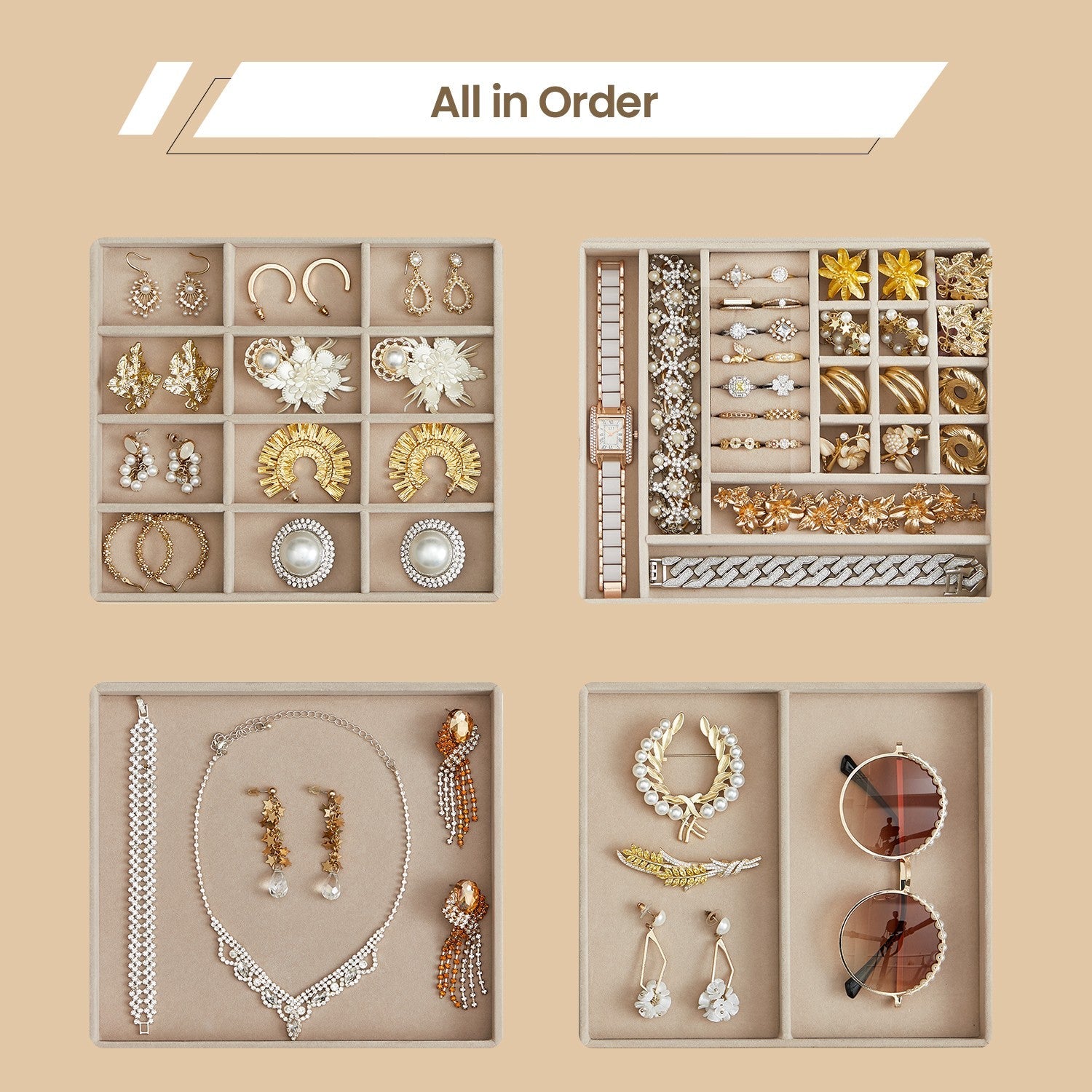 Jewellery Box – Glass – Cloud White and Gold – 4-Layer Organiser with 3 Drawers