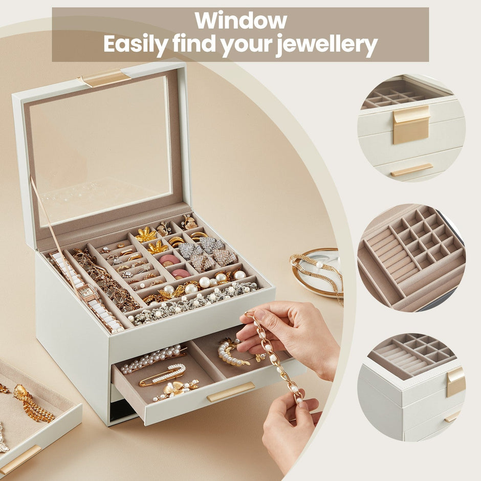 Jewellery Box – Glass – Cloud White and Gold – 4-Layer Organiser with 3 Drawers