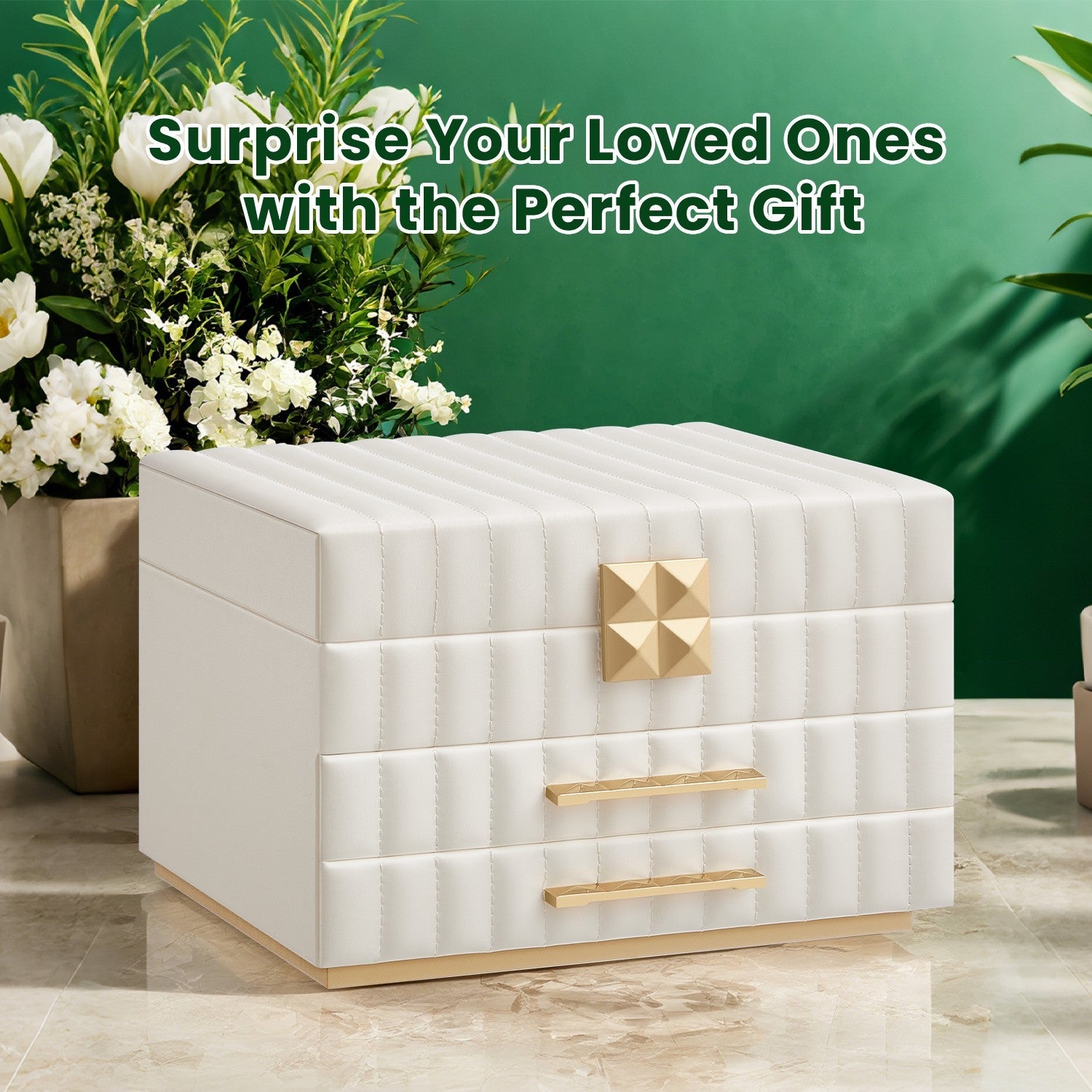 Jewellery Box – PU – Cloud White – 3 Tiers with Mirror and 2 Drawers