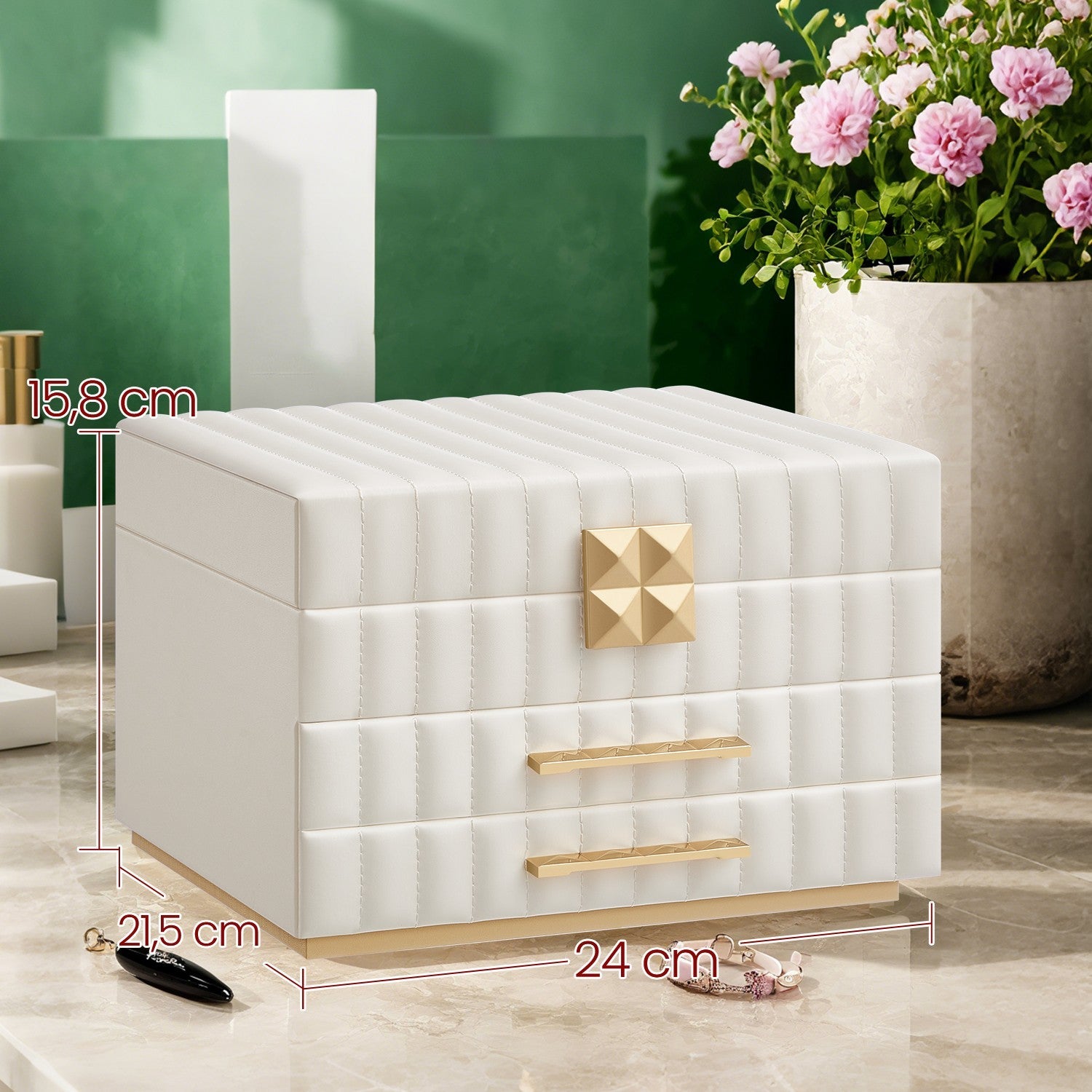 Jewellery Box – PU – Cloud White – 3 Tiers with Mirror and 2 Drawers