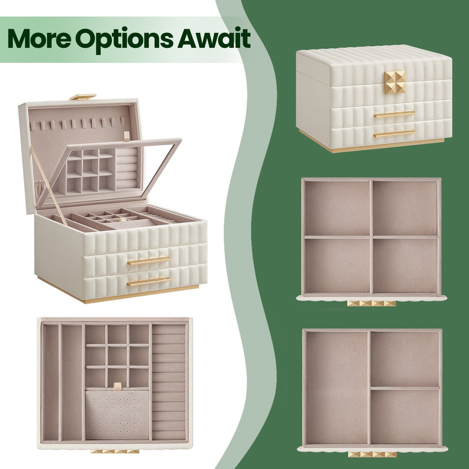 Jewellery Box – PU – Cloud White – 3 Tiers with Mirror and 2 Drawers