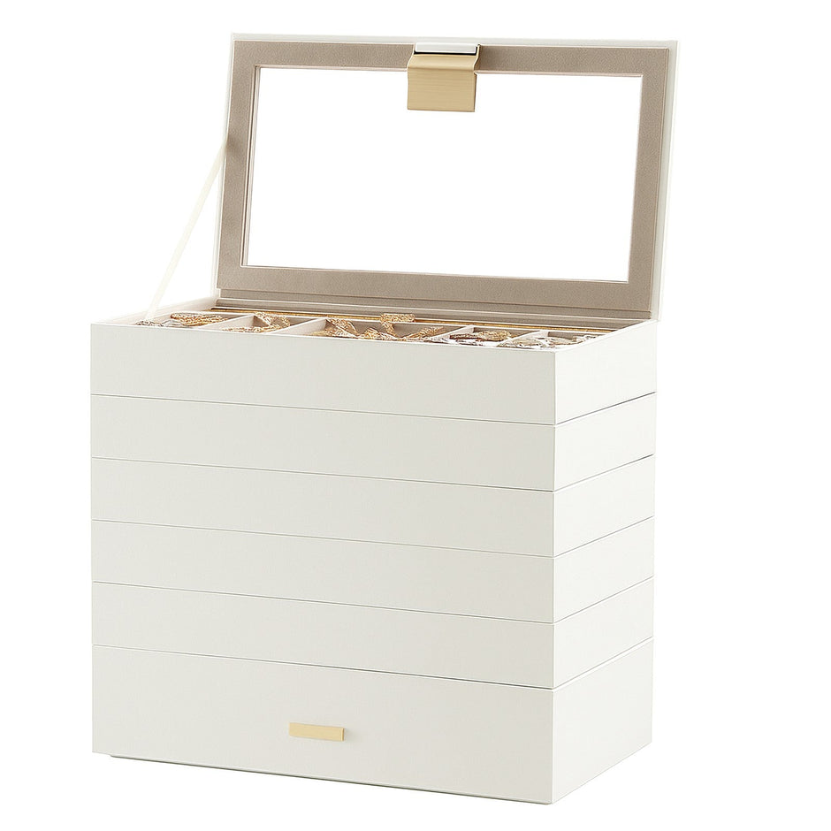 Jewellery Organiser Box – Wood and Glass – Large – 6-Tier Stackable Design with Clear Lid