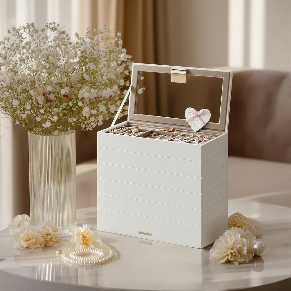 Jewellery Organiser Box – Wood and Glass – Large – 6-Tier Stackable Design with Clear Lid