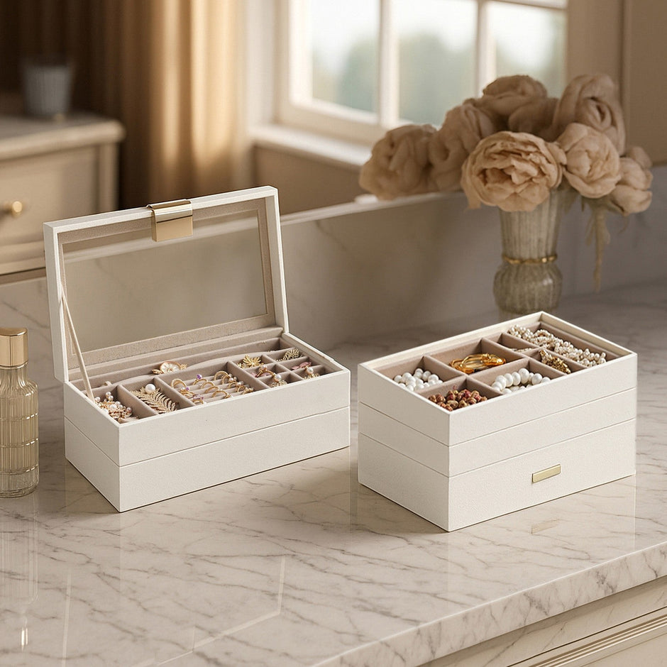 Jewellery Organiser Box – Wood and Glass – Large – 6-Tier Stackable Design with Clear Lid