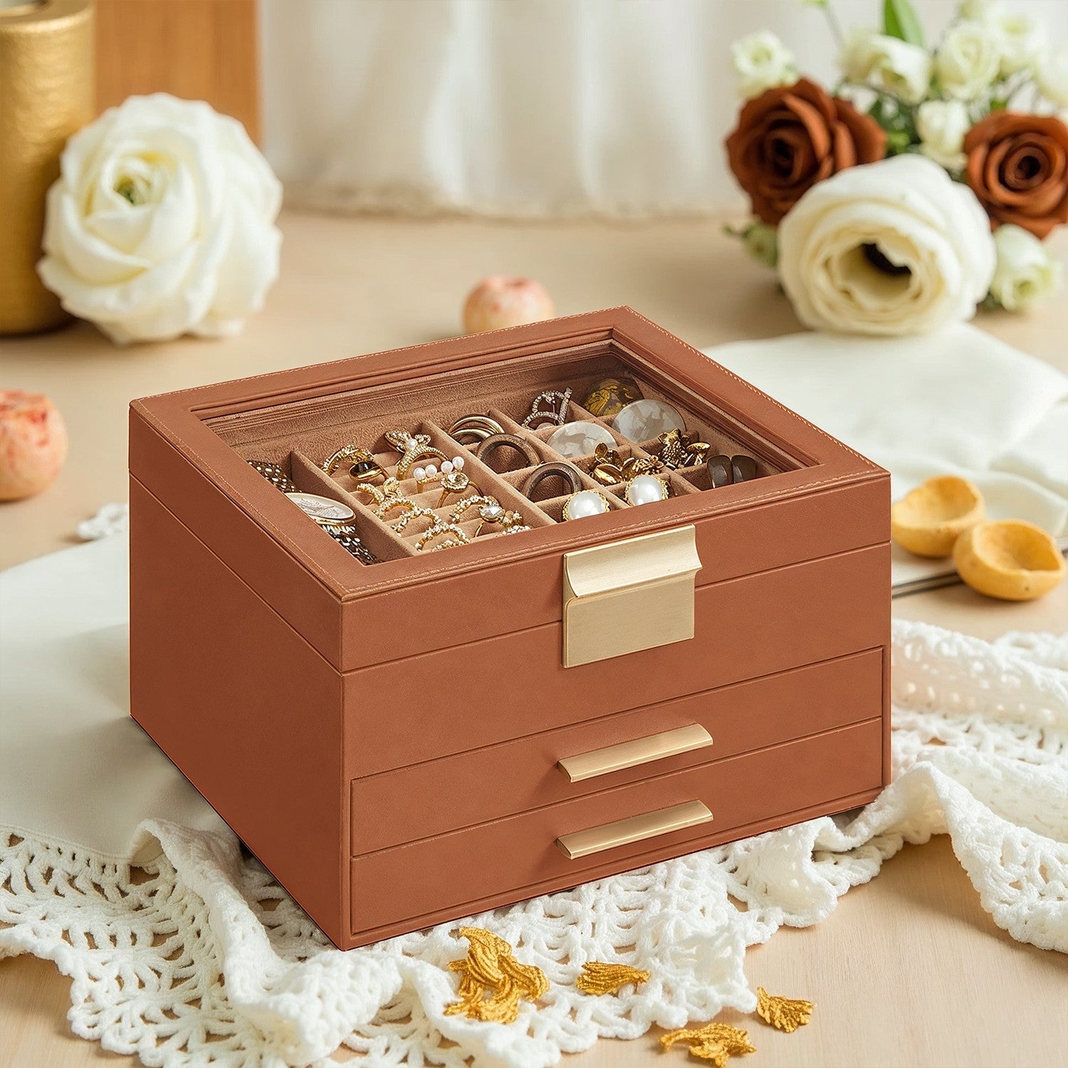 Jewelry Box – Glass – Cloud White and Gold – 3-Layer Organizer with 2 Drawers