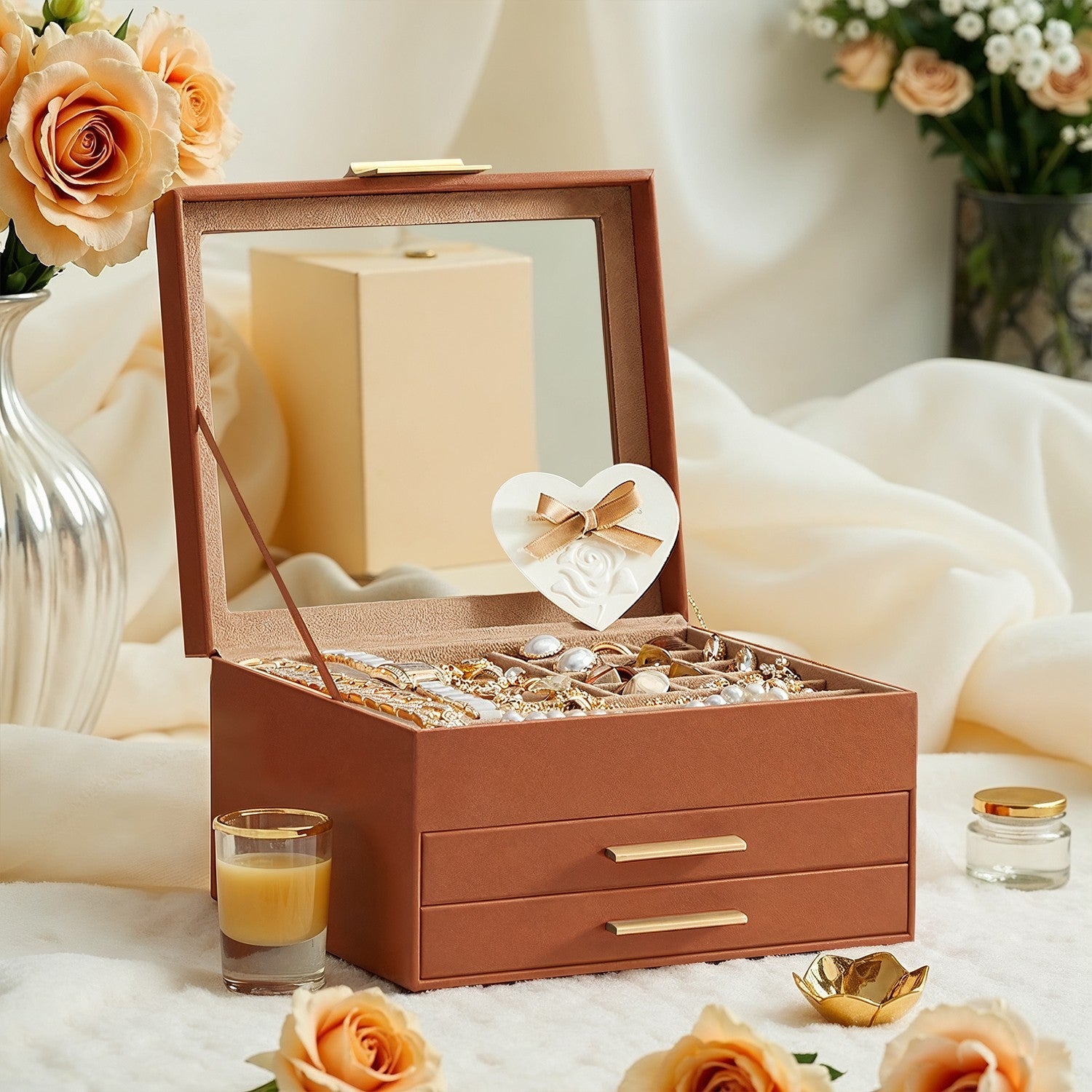 Jewelry Box – Glass – Cloud White and Gold – 3-Layer Organizer with 2 Drawers