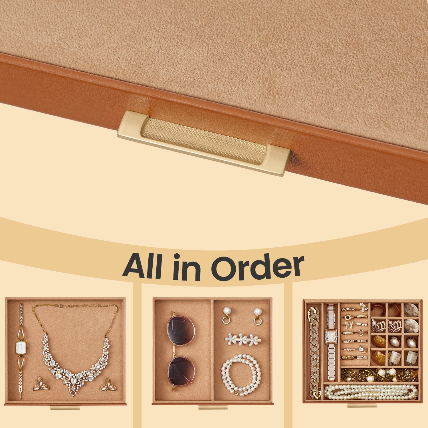 Jewelry Box – Glass – Cloud White and Gold – 3-Layer Organizer with 2 Drawers