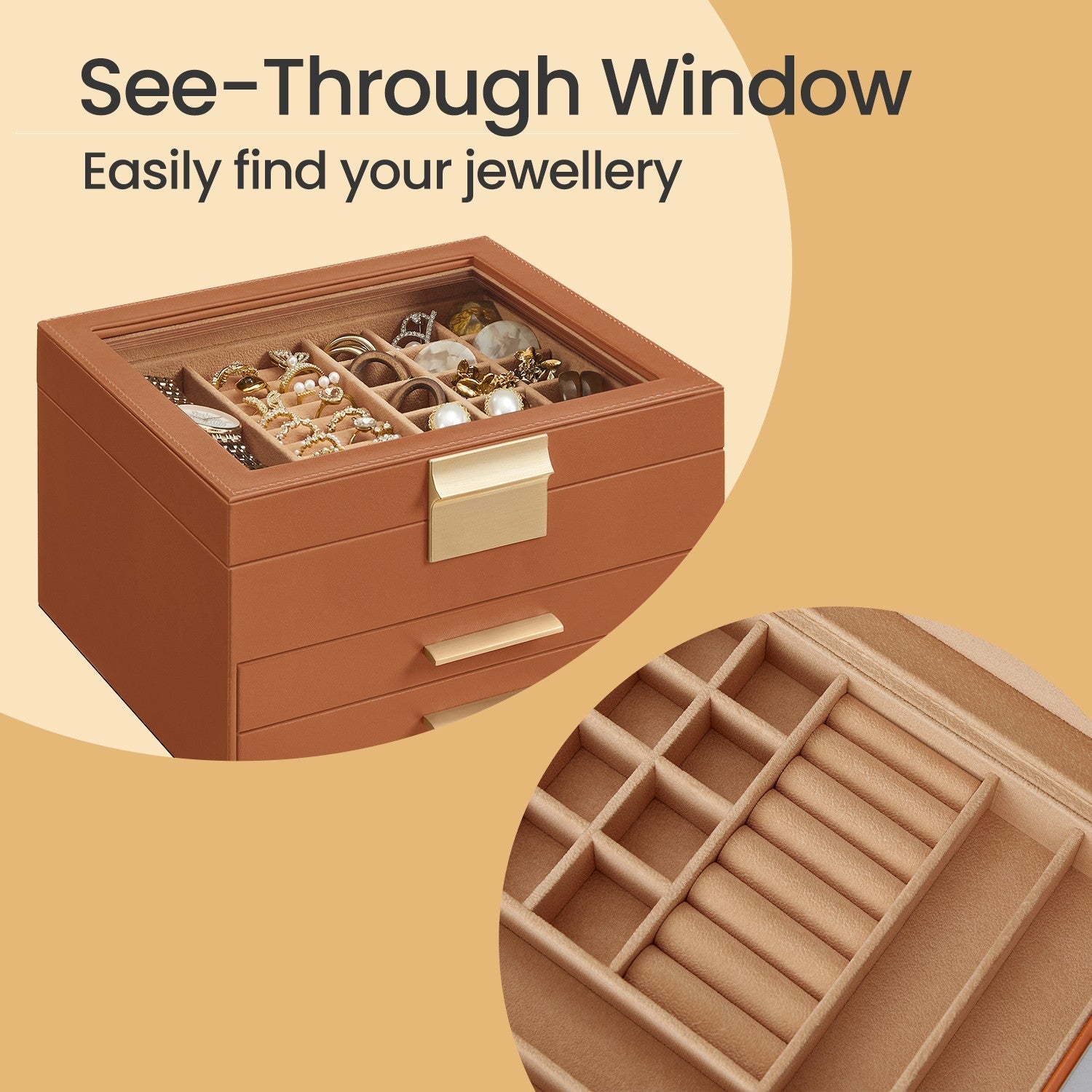 Jewelry Box – Glass – Cloud White and Gold – 3-Layer Organizer with 2 Drawers