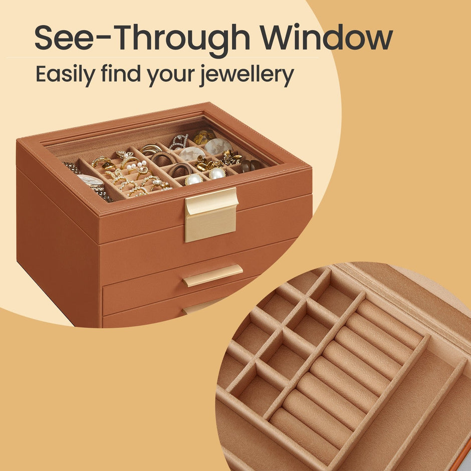 Jewelry Box – Glass – Cloud White and Gold – 3-Layer Organizer with 2 Drawers