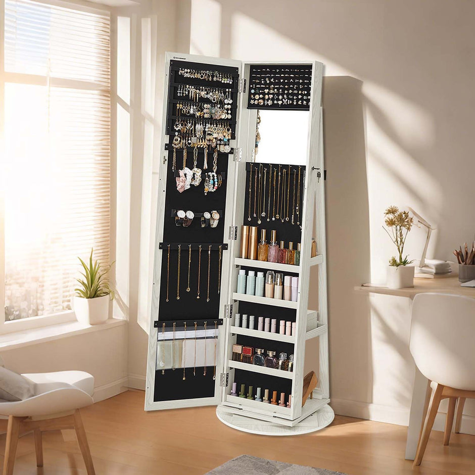 Jewellery Cabinet – Wood – White with Greyish Wood Grain – Full-Length Mirror with 360° Swivel
