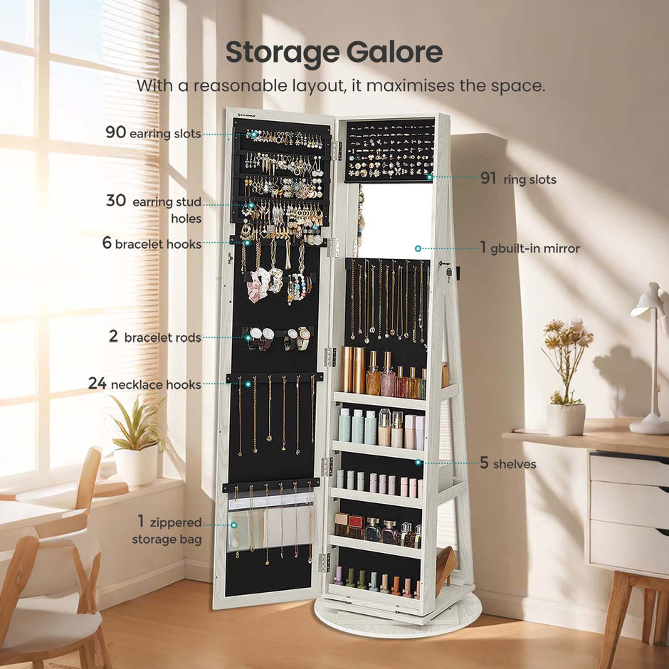 Jewellery Cabinet – Wood – White with Greyish Wood Grain – Full-Length Mirror with 360° Swivel