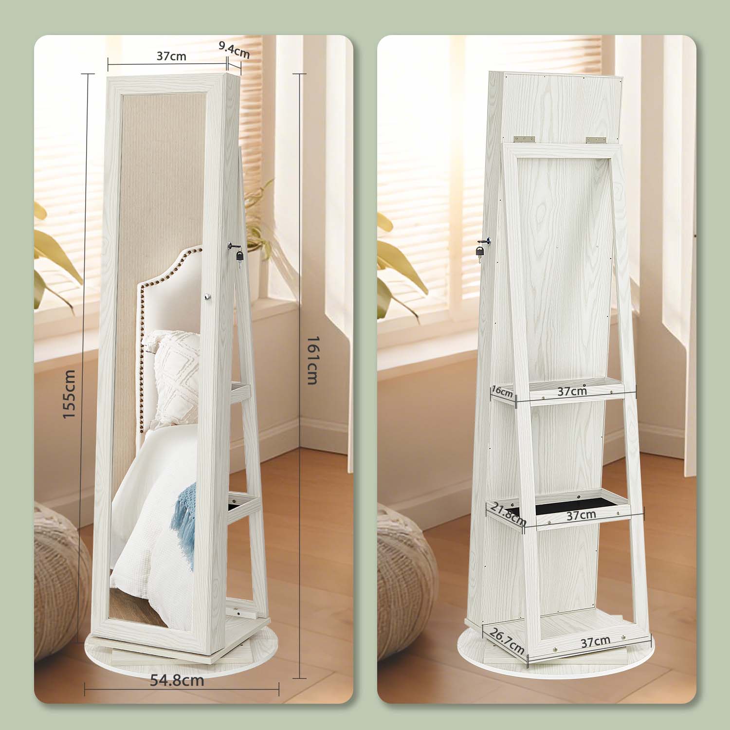 Jewellery Cabinet – Wood – White with Greyish Wood Grain – Full-Length Mirror with 360° Swivel
