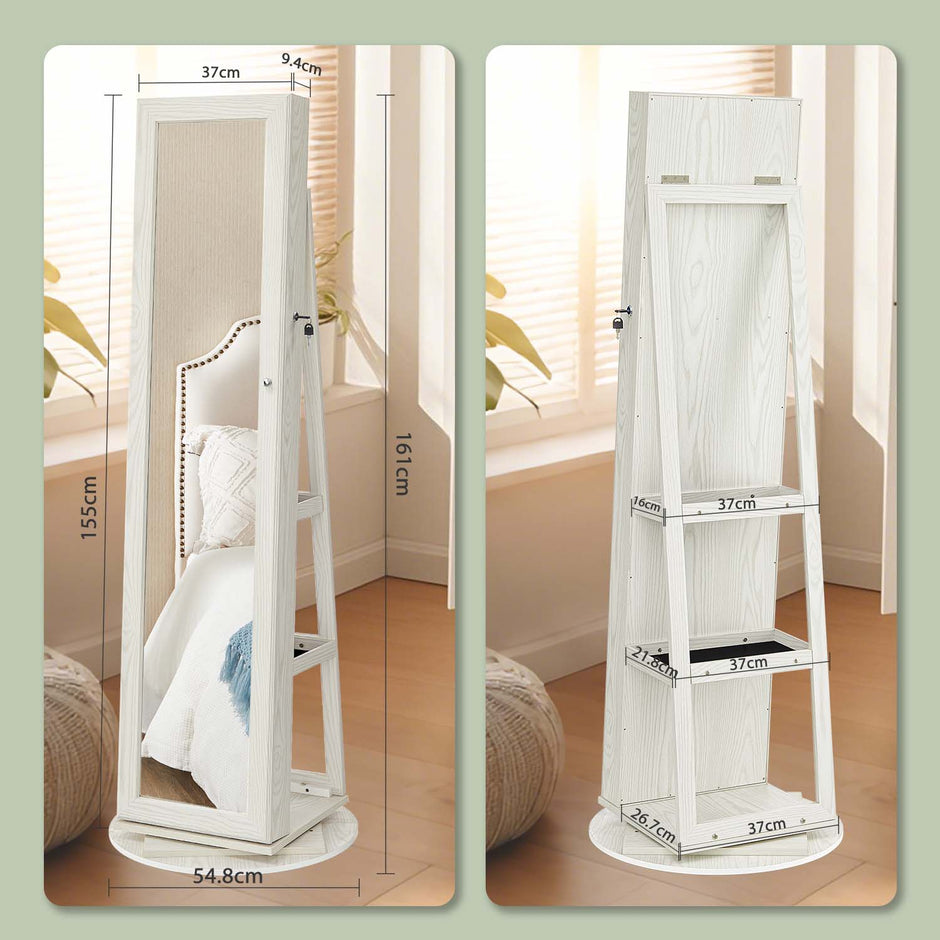 Jewellery Cabinet – Wood – White with Greyish Wood Grain – Full-Length Mirror with 360° Swivel