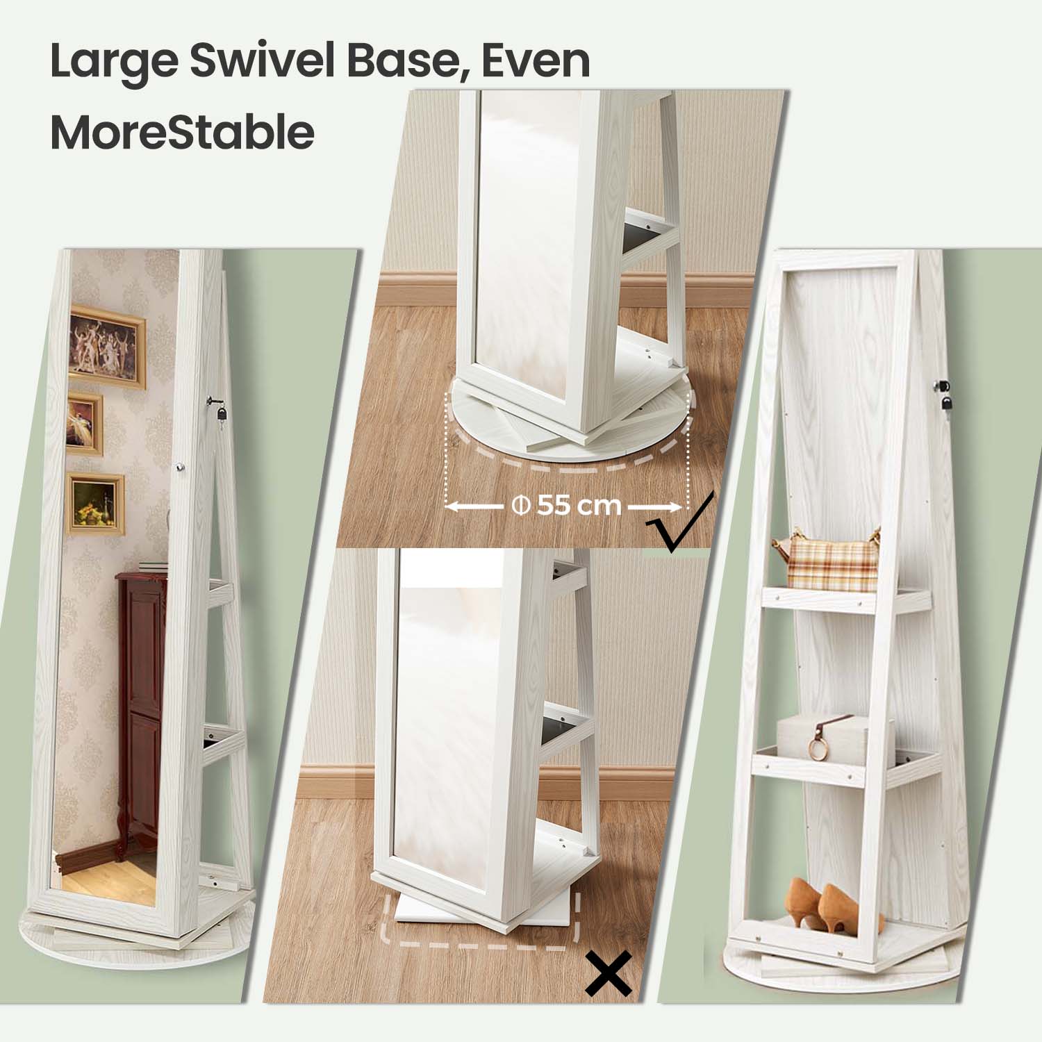 Jewellery Cabinet – Wood – White with Greyish Wood Grain – Full-Length Mirror with 360° Swivel