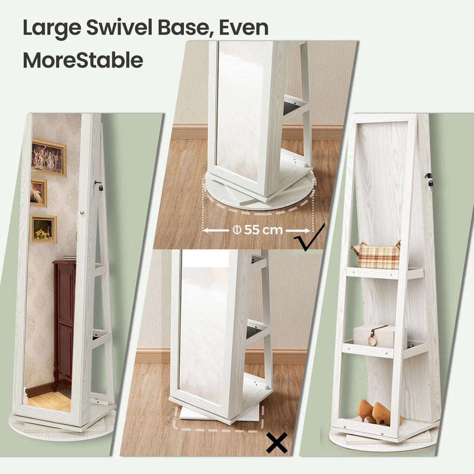 Jewellery Cabinet – Wood – White with Greyish Wood Grain – Full-Length Mirror with 360° Swivel