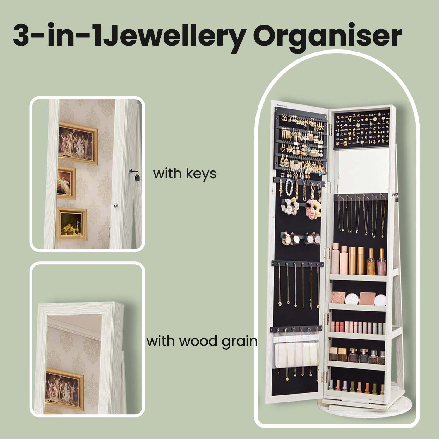 Jewellery Cabinet – Wood – White with Greyish Wood Grain – Full-Length Mirror with 360° Swivel