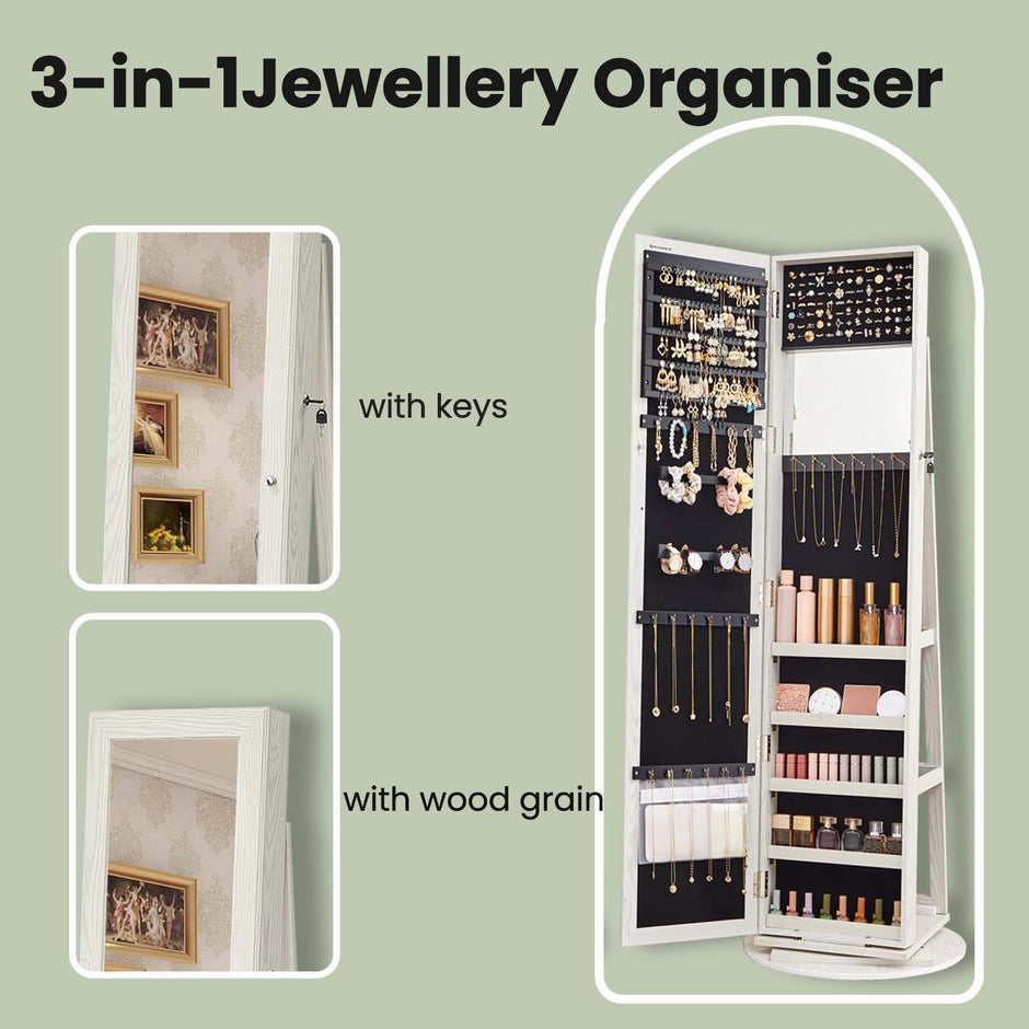 Jewellery Cabinet – Wood – White with Greyish Wood Grain – Full-Length Mirror with 360° Swivel