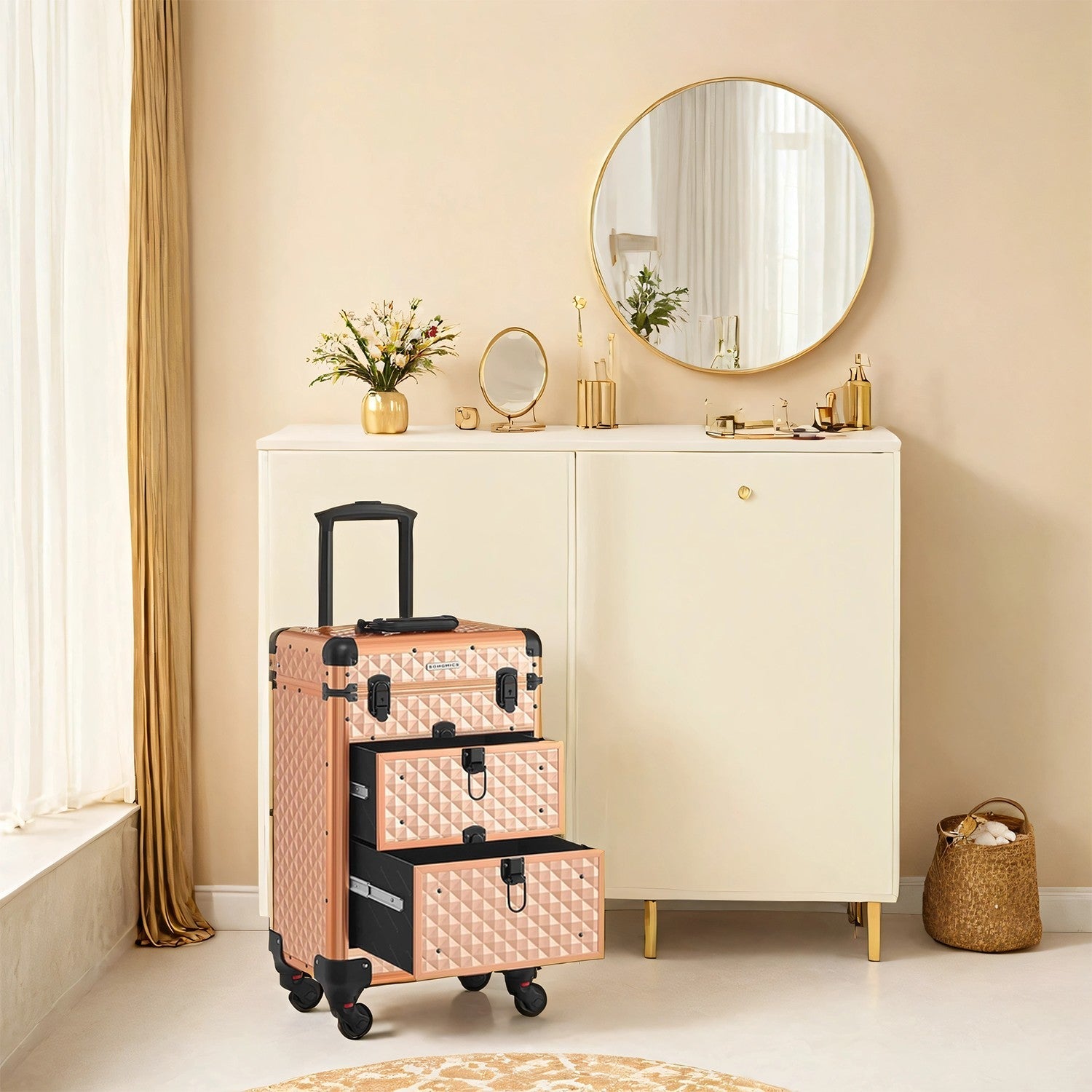 Makeup Trolley – Wood – Black – Professional Case with 2 Drawers and 4 Removable Wheels