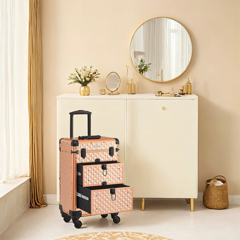 Makeup Trolley – Wood – Black – Professional Case with 2 Drawers and 4 Removable Wheels
