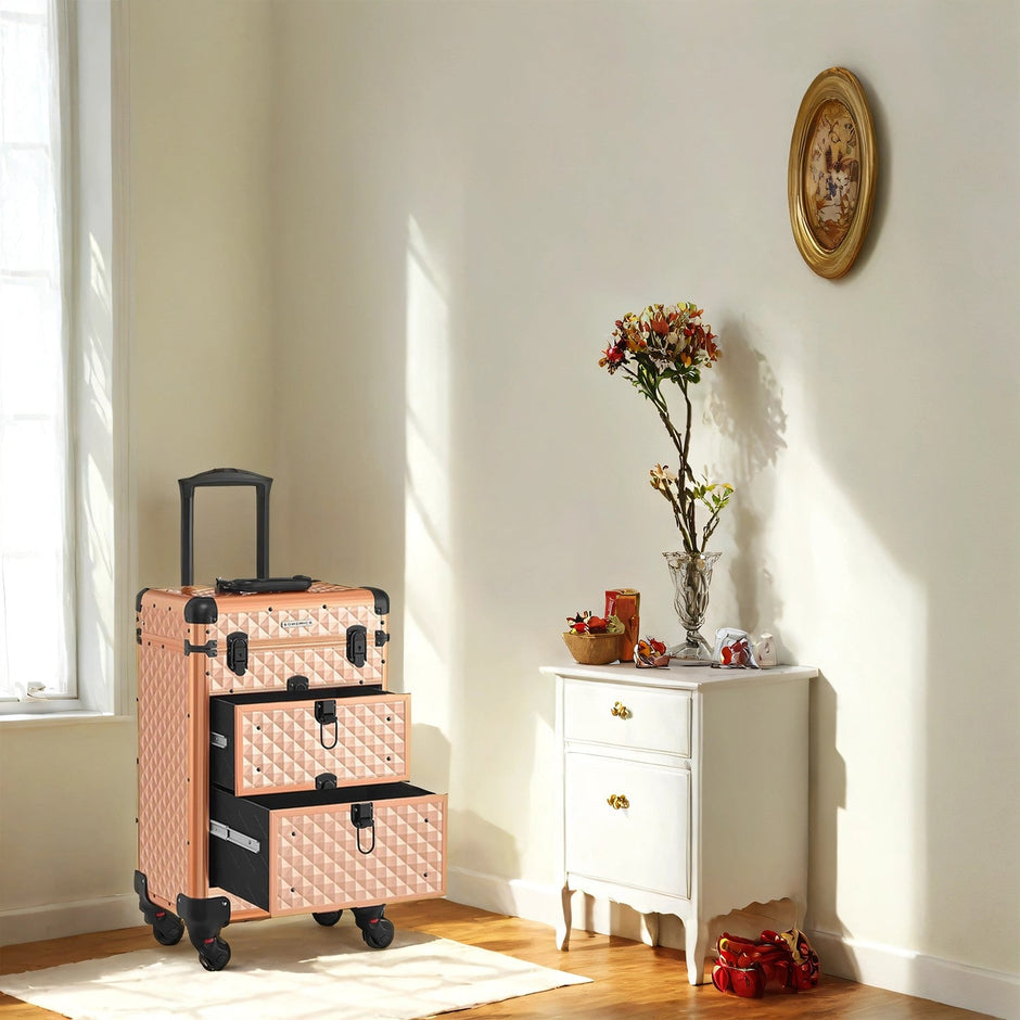Makeup Trolley – Wood – Black – Professional Case with 2 Drawers and 4 Removable Wheels