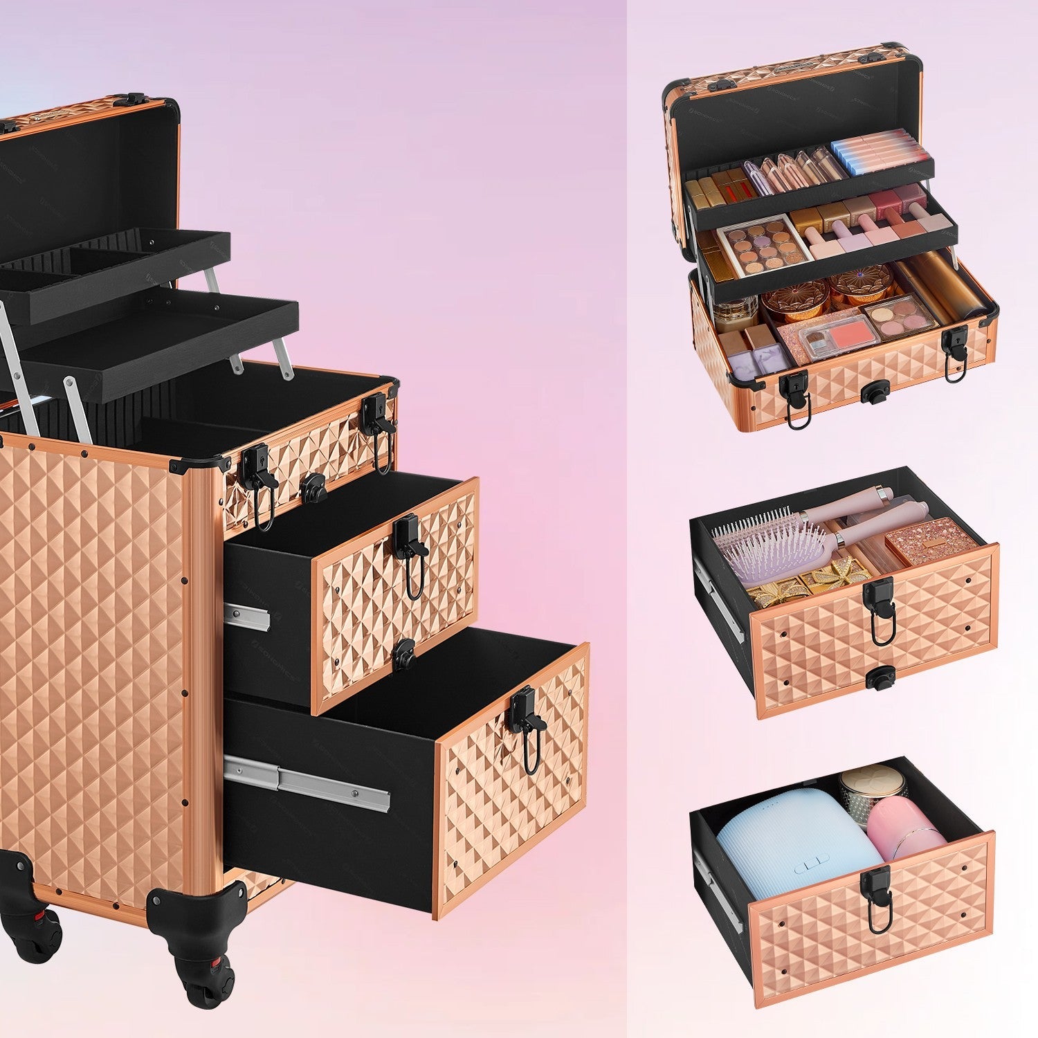 Makeup Trolley – Wood – Black – Professional Case with 2 Drawers and 4 Removable Wheels
