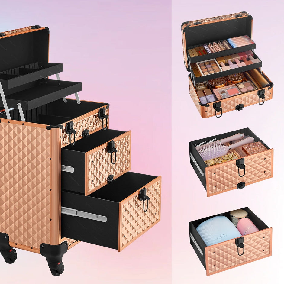 Makeup Trolley – Wood – Black – Professional Case with 2 Drawers and 4 Removable Wheels