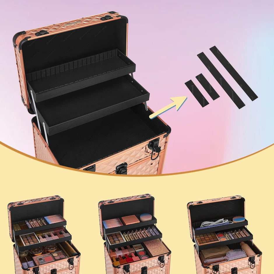 Makeup Trolley – Wood – Black – Professional Case with 2 Drawers and 4 Removable Wheels
